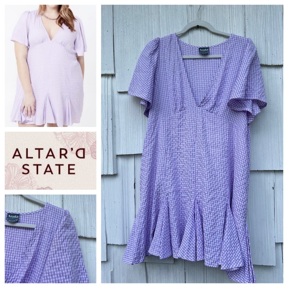 Arula Altar'd State‎ Purple Gingham Flutter Sleeve Mini Dress Plus Size 10/12